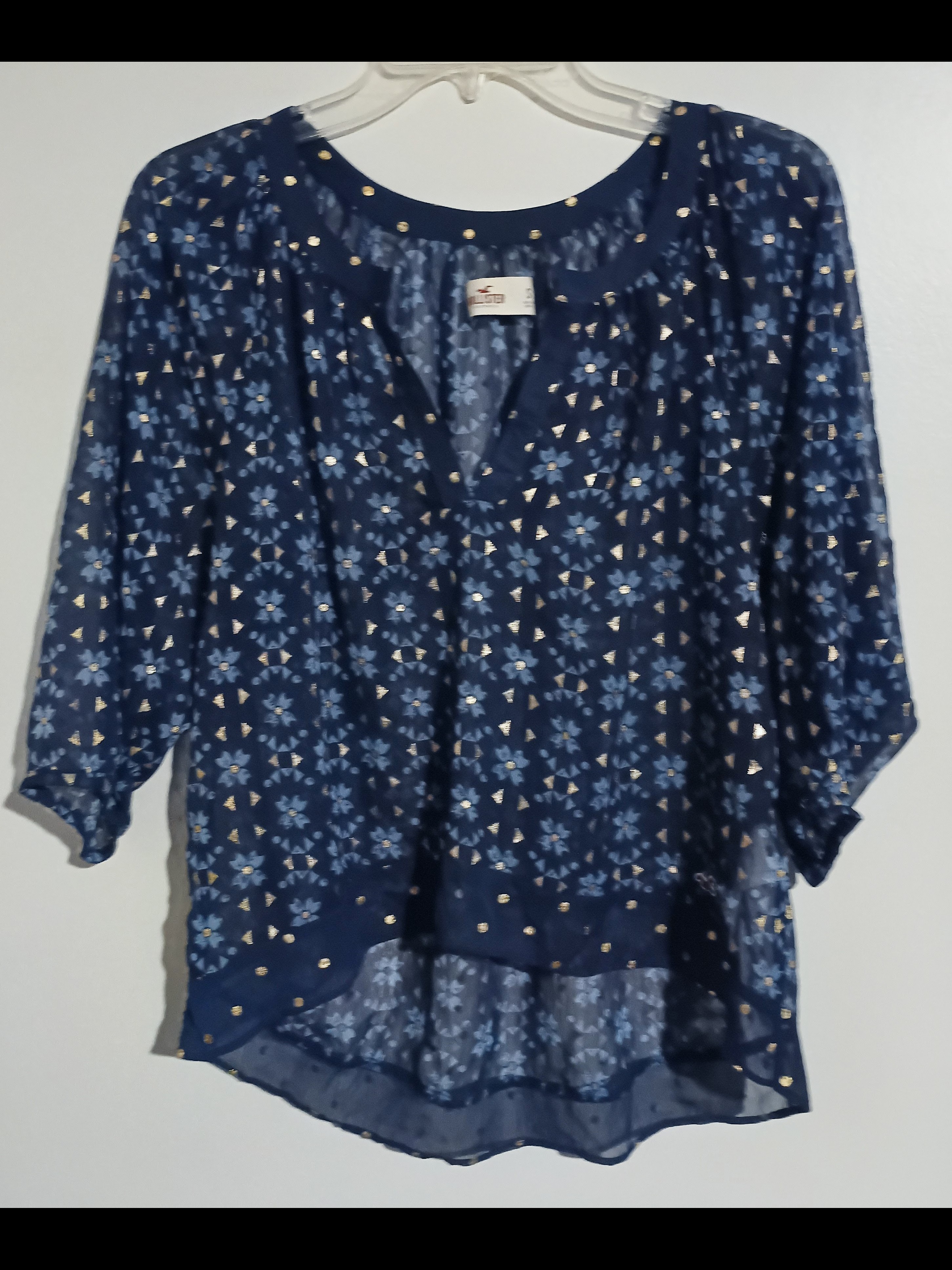 Hollister Navy Floral Sheer Blouse With Gold Accents